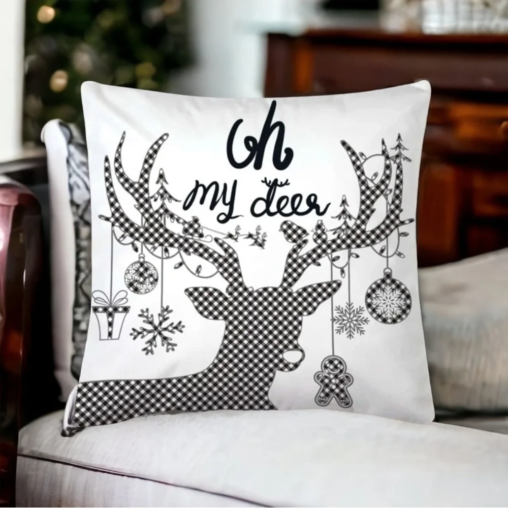 Pillow Cover Deer Christmas Zip Up Farmhouse White Black Plaid Large 17.7 in